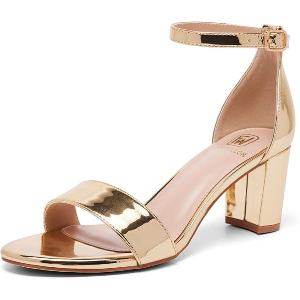 Women's Gold Open Toe Ankle Strap Low Chunky Short Heels Wedding Pumps Shoes
